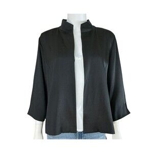 Eileen Fisher Silk Satin Blazer sz M Black Minimalist Open Front Mandarin Collar